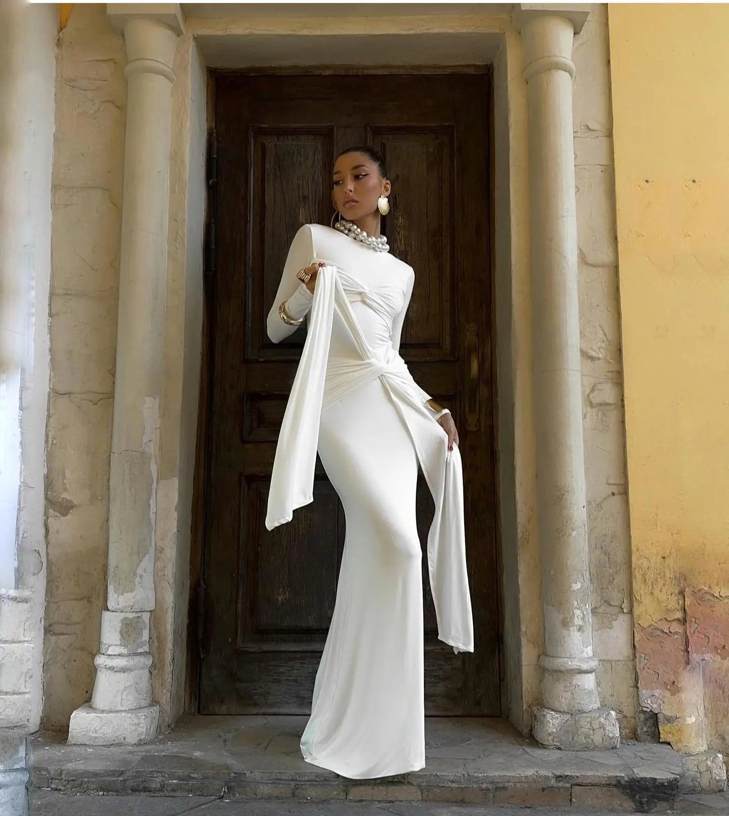 Women Celebrity Sexy O Neck Long Sleeve Gray White Maxi Long Gowns Dress Elegant Evening Party Club Vestido