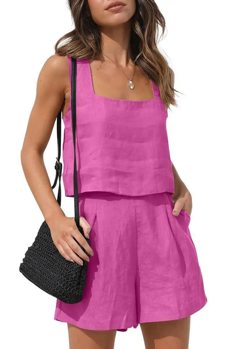 Short Suit Women 2 Pieces Set Vest Shorts Outfit Solid Color Sleeveless Spring Summer Pockets Casual Daily Linen Female Clothing Rose