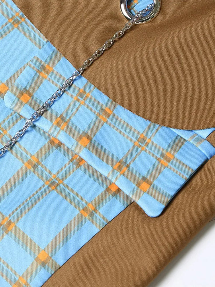 TWOTWINSTYLE Colorblock Spliced Denim Blazers For Women Notched Collar Long Sleeve Patchwork Chain Chic Blazer Female Clothing