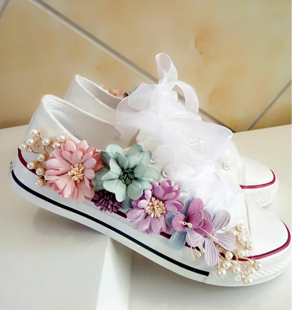 Korean Fantasy 7 Color DIY Flowers Vulcanized Shoes Pearl Hand-Made Designer Women's Rhinestone Platform Canvas Shoes