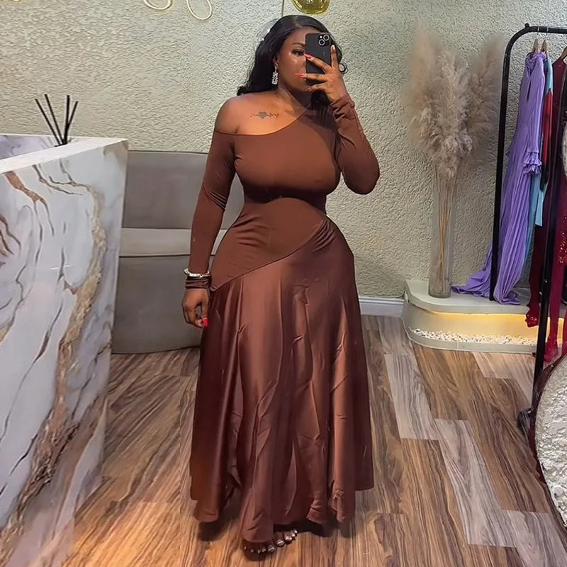 CM.YAYA Women One Shoulder Full Sleeve Maxi Long Dress 2025 Summer Patchwork Vintage Birthday Sexy Club Party Evening Dresses