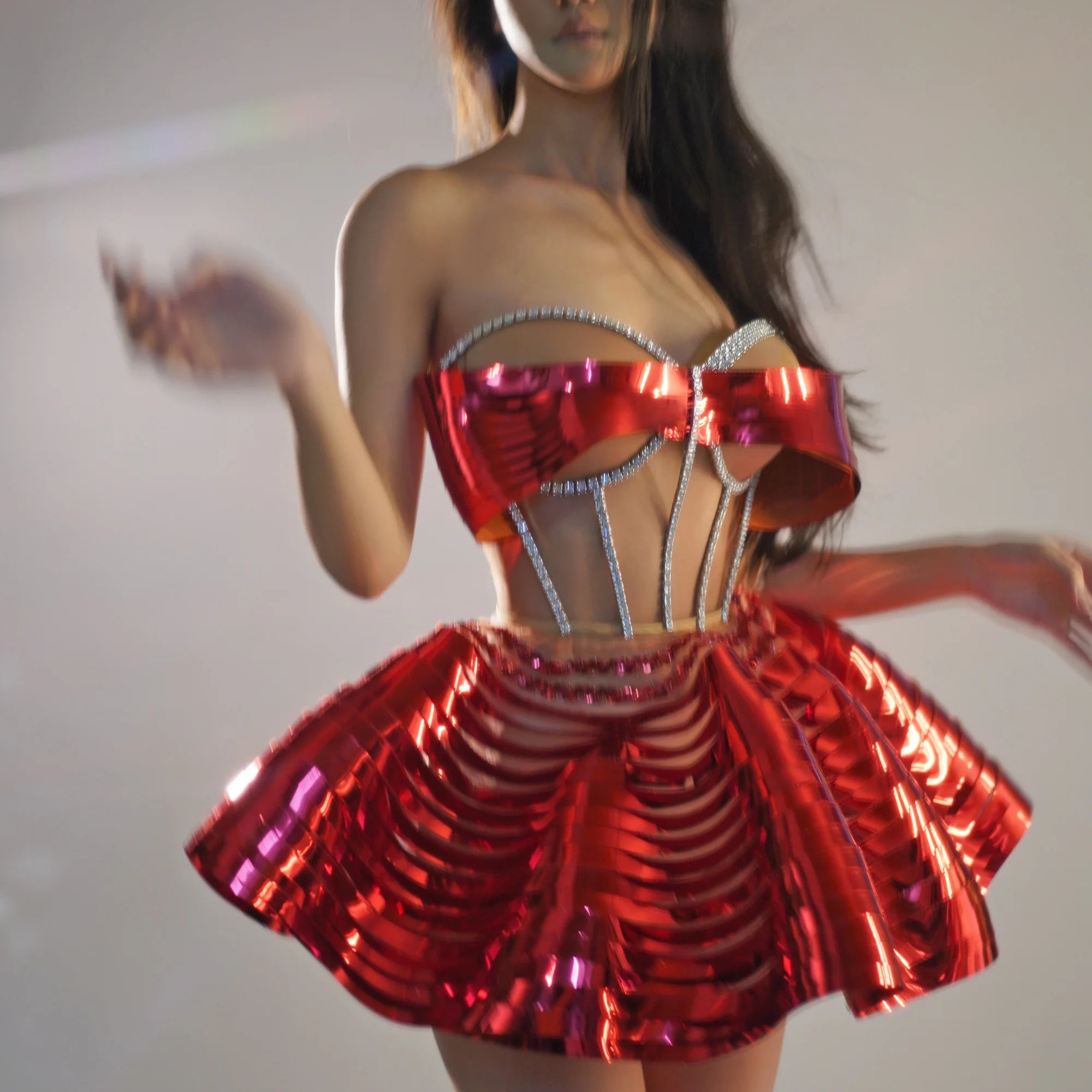 Special Design 2Piece Backless Bandage Mini Dress Set Dance Stage Outfit Sexy Party Performance Sequins Crystals Costume Feidie