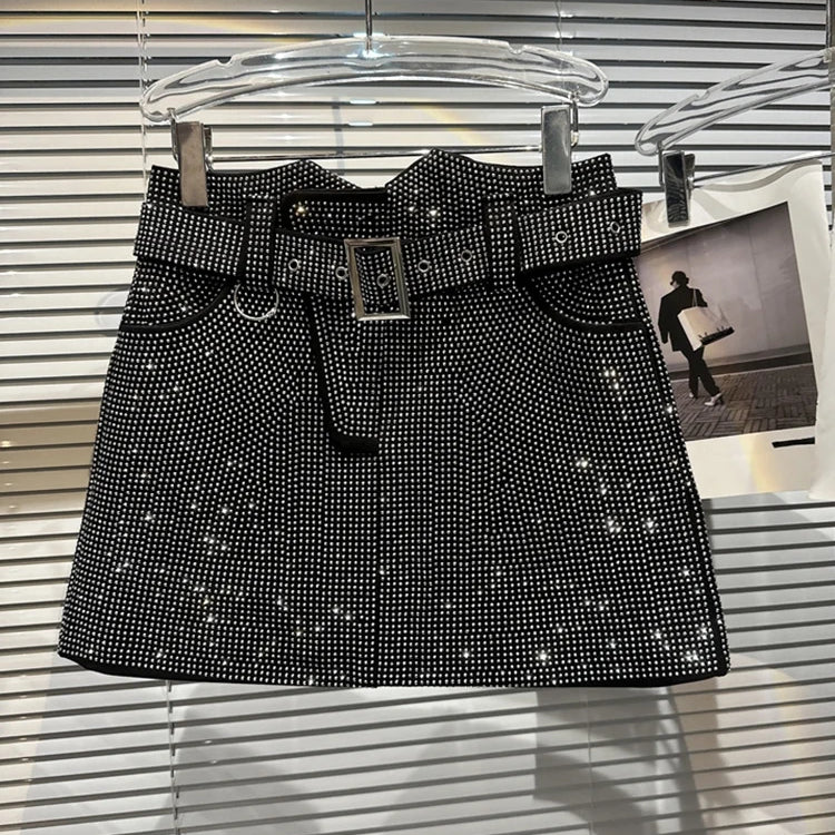 Summer Female Shiny Rhinestone Splice Sexy Strapless Women's High Waist Belt Designer Mini Short Skirts