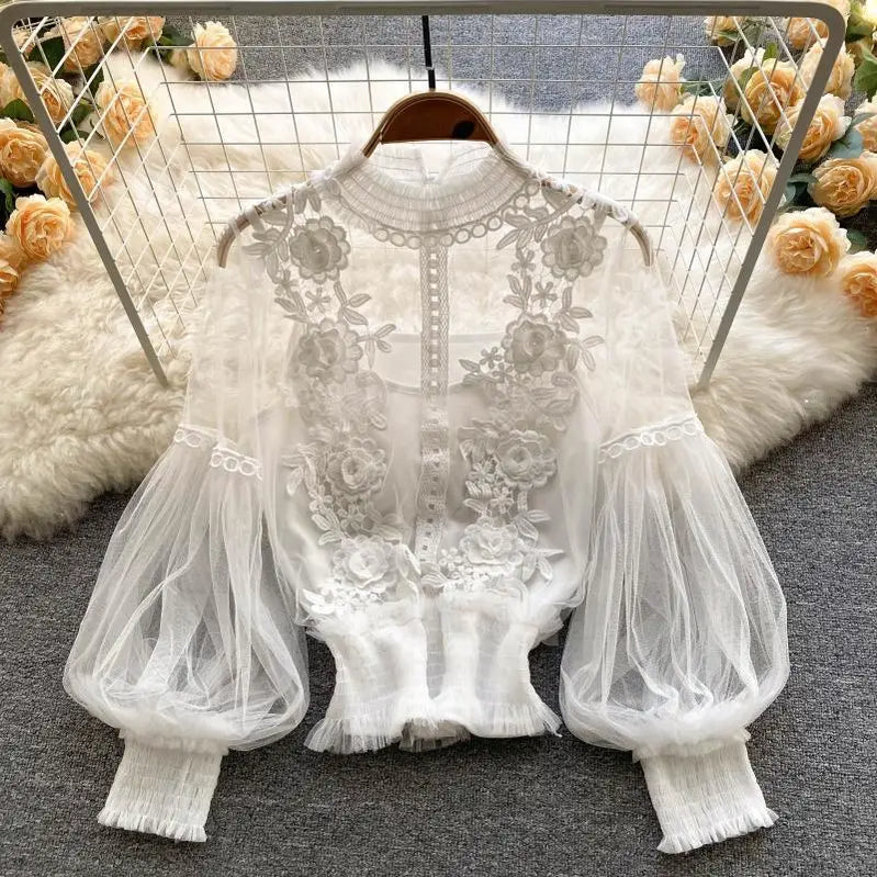 Flower Lace Women Shirts Fashion Slim Lantern Sleeve Ladies Blouse Comfortable Vintage Autumn Winter Thin Perspective Gauze Tops WHITE One Size