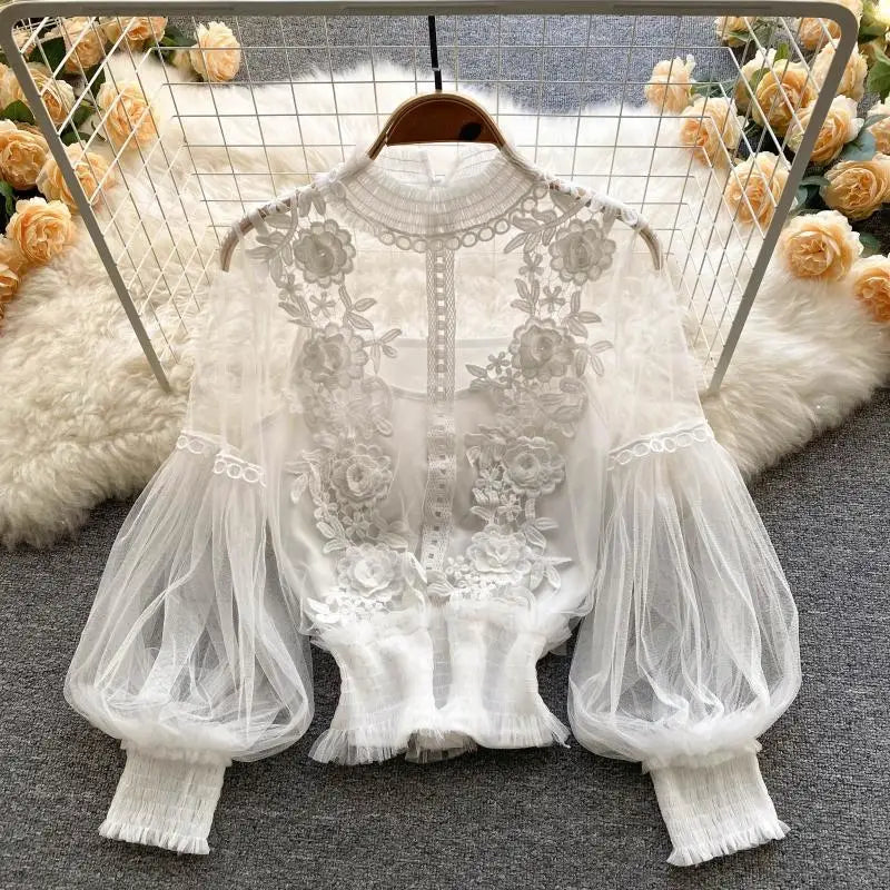 Flower Lace Women Shirts Fashion Slim Lantern Sleeve Ladies Blouse Comfortable Vintage Autumn Winter Thin Perspective Gauze Tops WHITE One Size