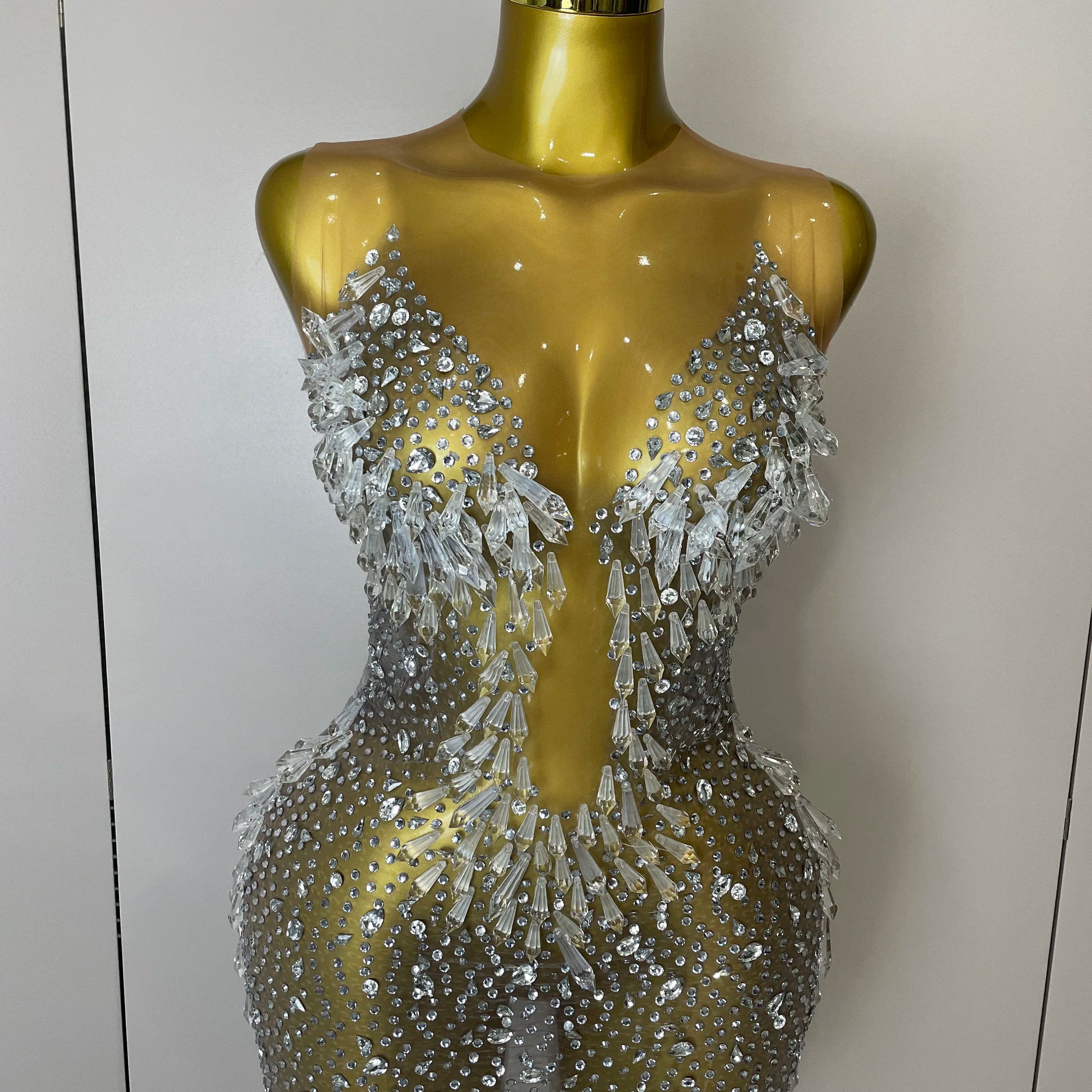 Stock 2025Women Luxury Sexy Mesh Crystal Diamonds Mini Dress Birthday Party Costume Nightclub Stage Performance Singer Outfit