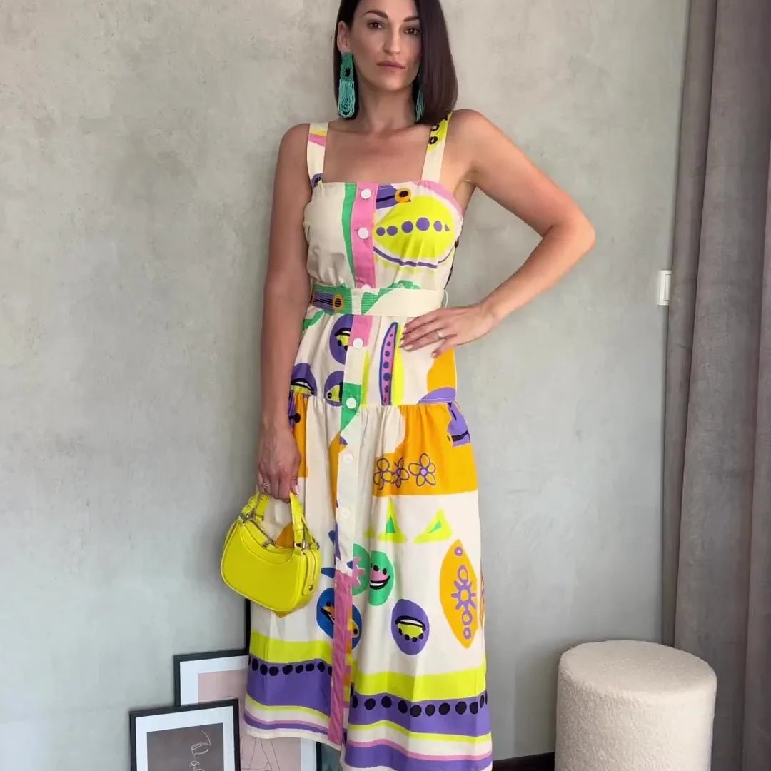 Print Square Neck Sling Midi Dress Women Single Breasted Belt Decoration A-line Dresses Summer Female Chic Beach Party vestido