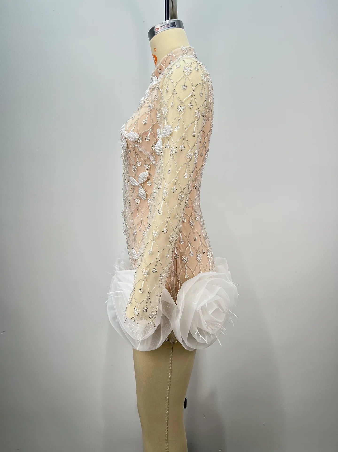 Luxury Exquisite Beading White Flowers Sexy See Through Mini Evening Dress Woman Birthday Party Dress Performances Costume