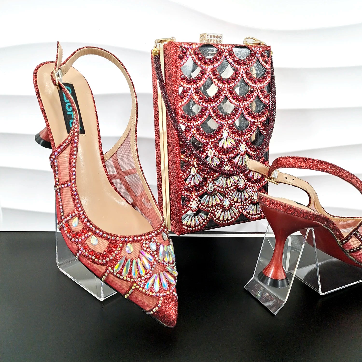 Hiking Sandals Women's Elegant Party Shoes High Heels Hollow Shoe Pocket Design with Shiny Rhinestone Decoration WINE