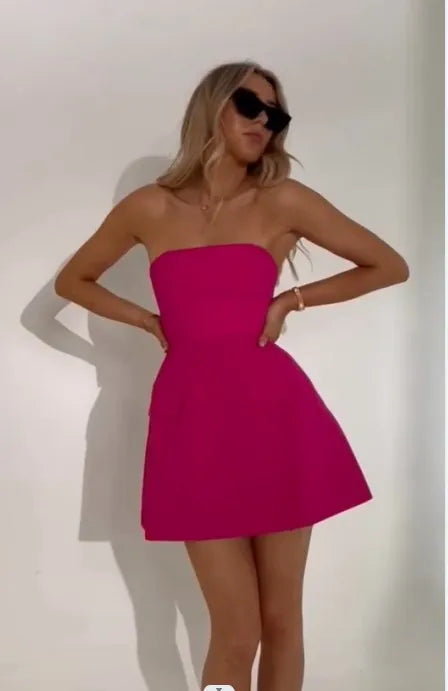 Sexy Solid Strapless Mini Dress For Women Elegant Slim Backless Pockets A-line Dresses Female Chic High Street Vestido Robe RED