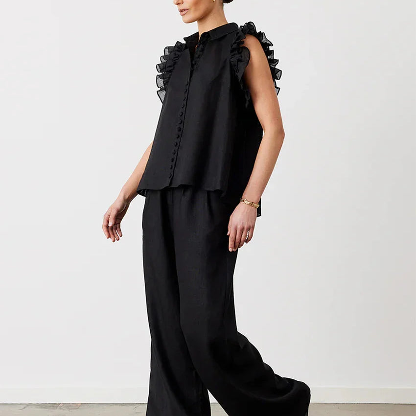 Clacive Fashion Loose Beige Cotton 2 Piece Sets Women Outfit Elegant Sleeveless Tank Top With High Waist Wide Pants Set