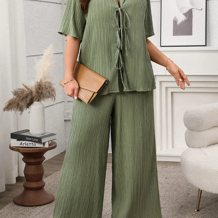 GIBSIE Plus Size Spring Summer Women Two Piece Set Loose Lace-up Shirt Top + Wide Leg Pants 2025 Female Casual 2 Piece Outfits