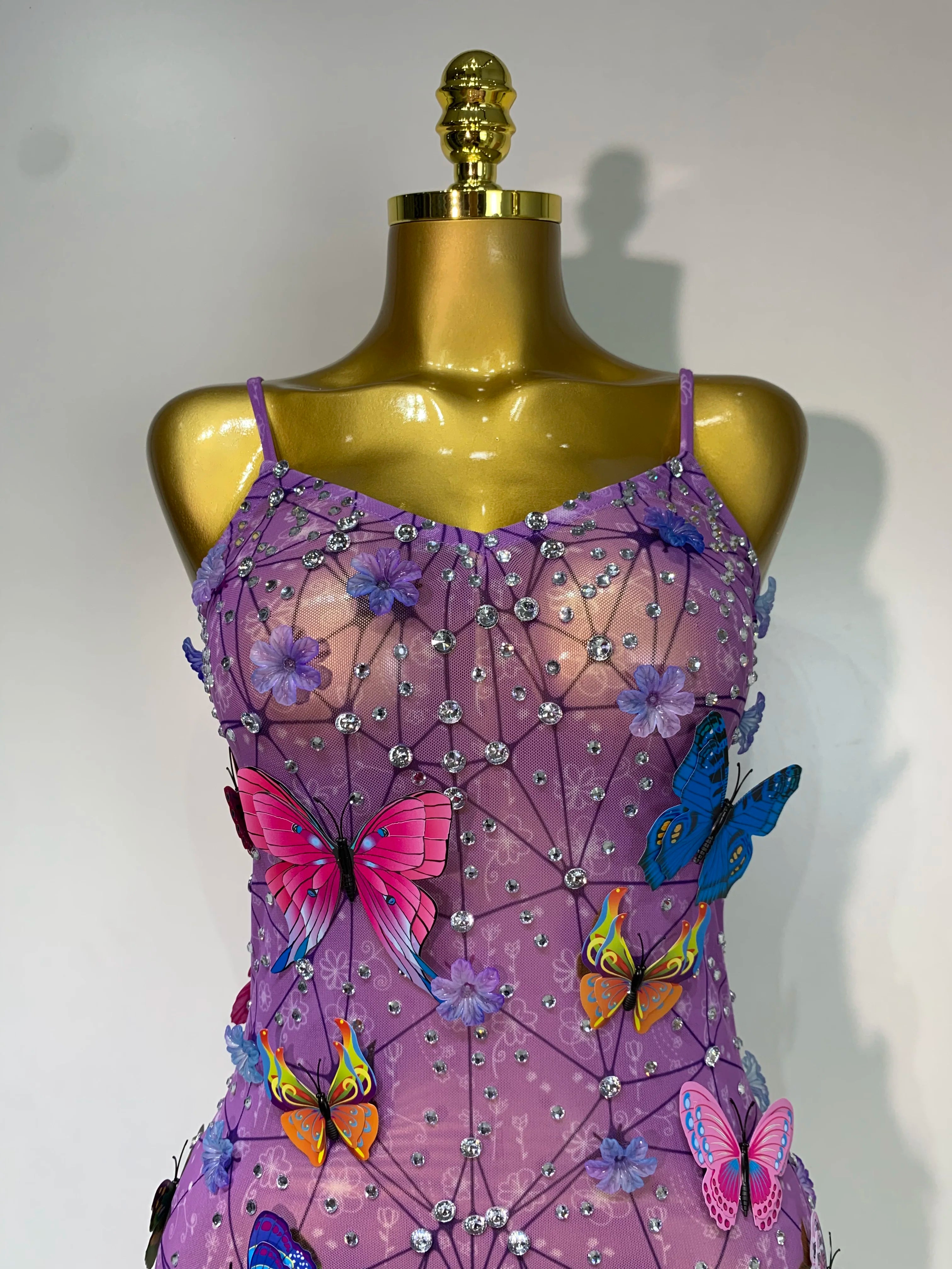 Sparkly Women Sexy Mesh See Through Dress 2025 New Arrival Butterfly Purple Celebrity Luxury Birthday Nightclub Stage Outfit