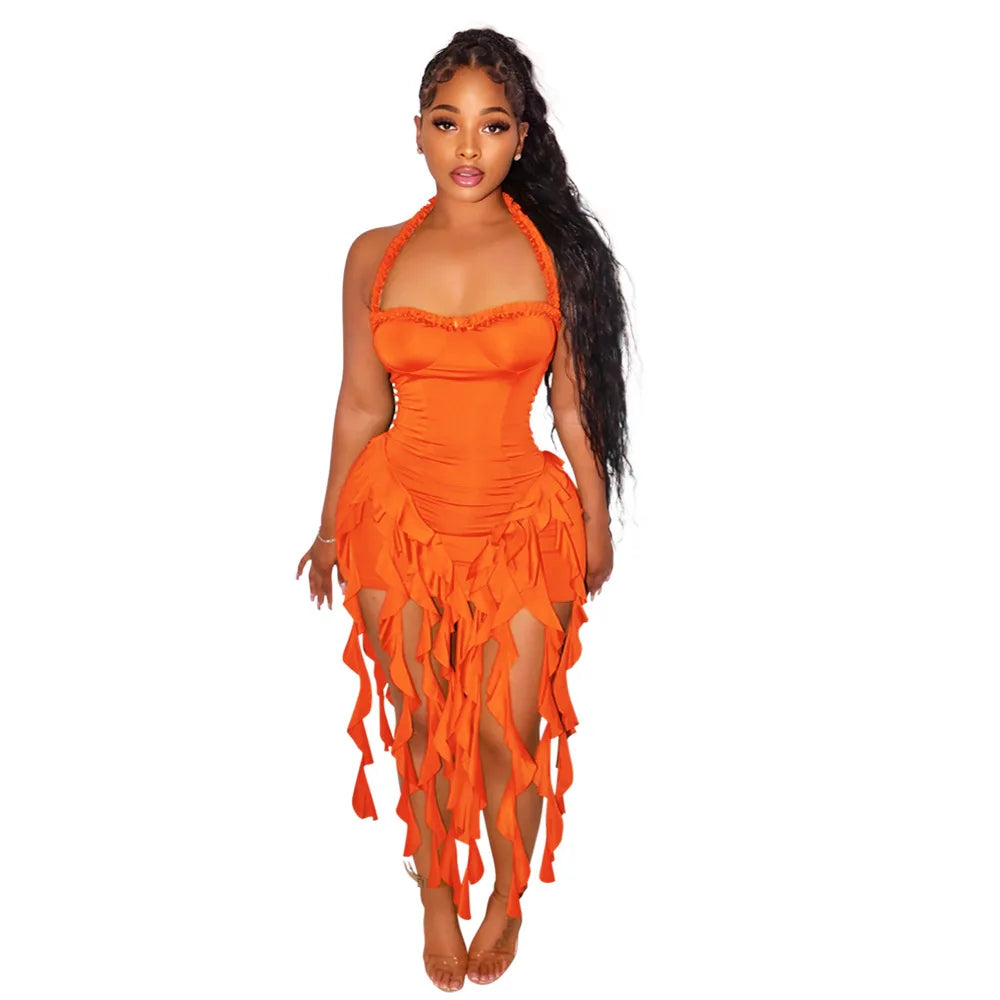 CM.YAYA Women Sleeveless Strapless Halter Long Dress Summer Streetwear Beach Tassel Evening Sexy Night Party Dresses Vestidos Orange