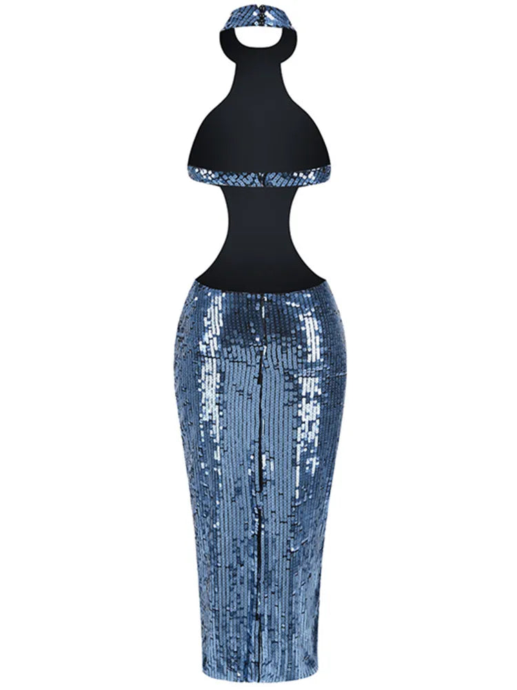 Sexy Backless Halter Mesh Sequins Navy Blue Midi Women Celebrity Dress 2024 Elegant Party Evening Club Vestido