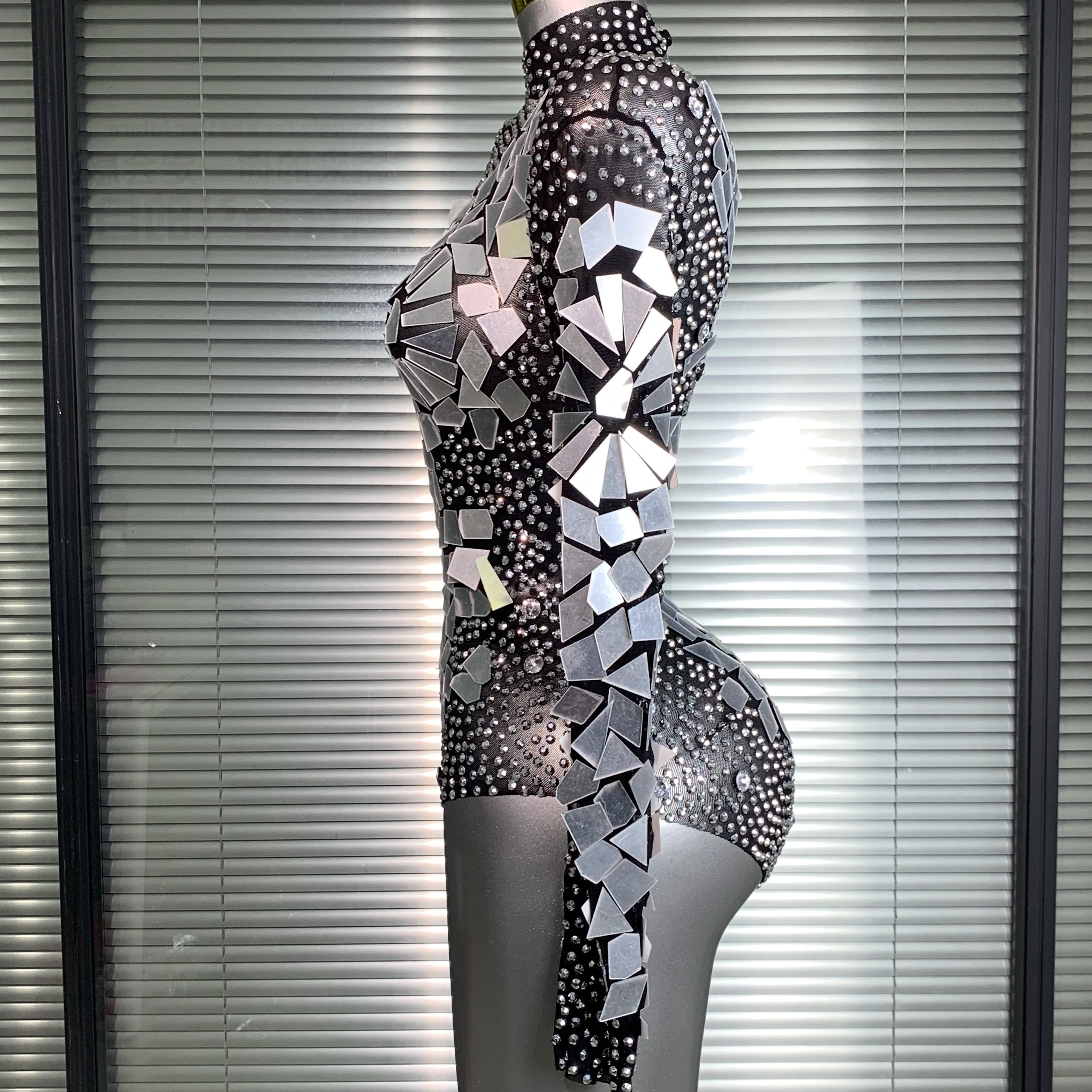 INS New Women Sexy Mesh Rhinestone Mirror Sexy Night Club Bodysuit One Piece Designer Dancer Singer Costume Party Bodysuit