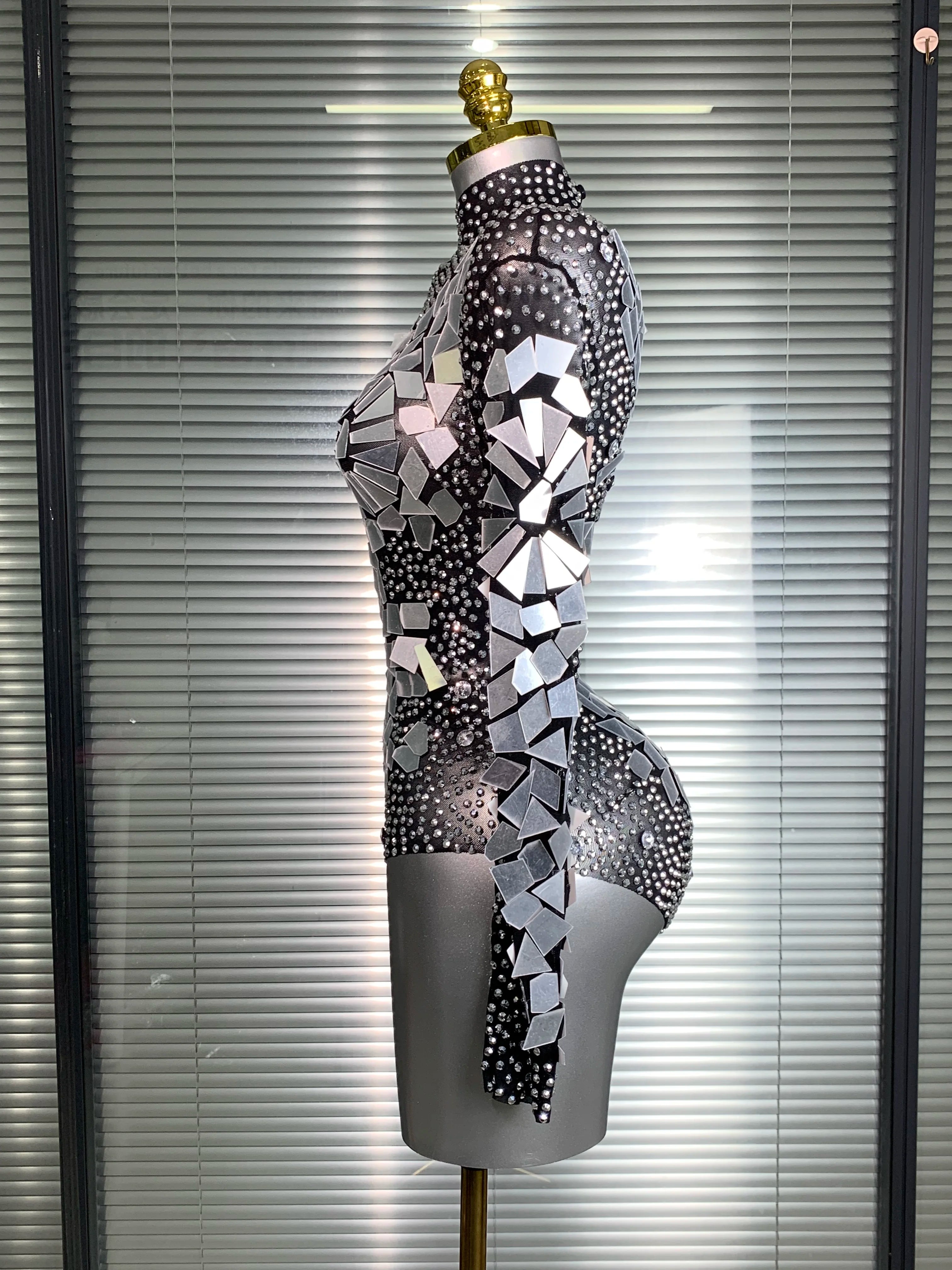 INS New Women Sexy Mesh Rhinestone Mirror Sexy Night Club Bodysuit One Piece Designer Dancer Singer Costume Party Bodysuit