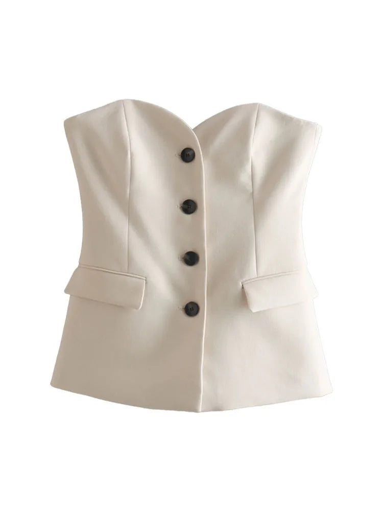 ZATRHMBM 2022 New Fashion Vintage Clothes For Lady Sleeveless Button Underwear Style Vest Patch Pocket White Crop Top Female Photo Color 2 CHINA