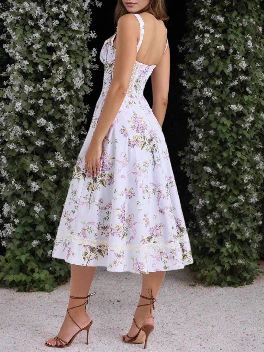 TWOTWINSTYLE Printing Hollow Out Spliced Lace Elegant Dresses for Women Square Neck Sleeveless Patchwork Pockets Dress Female