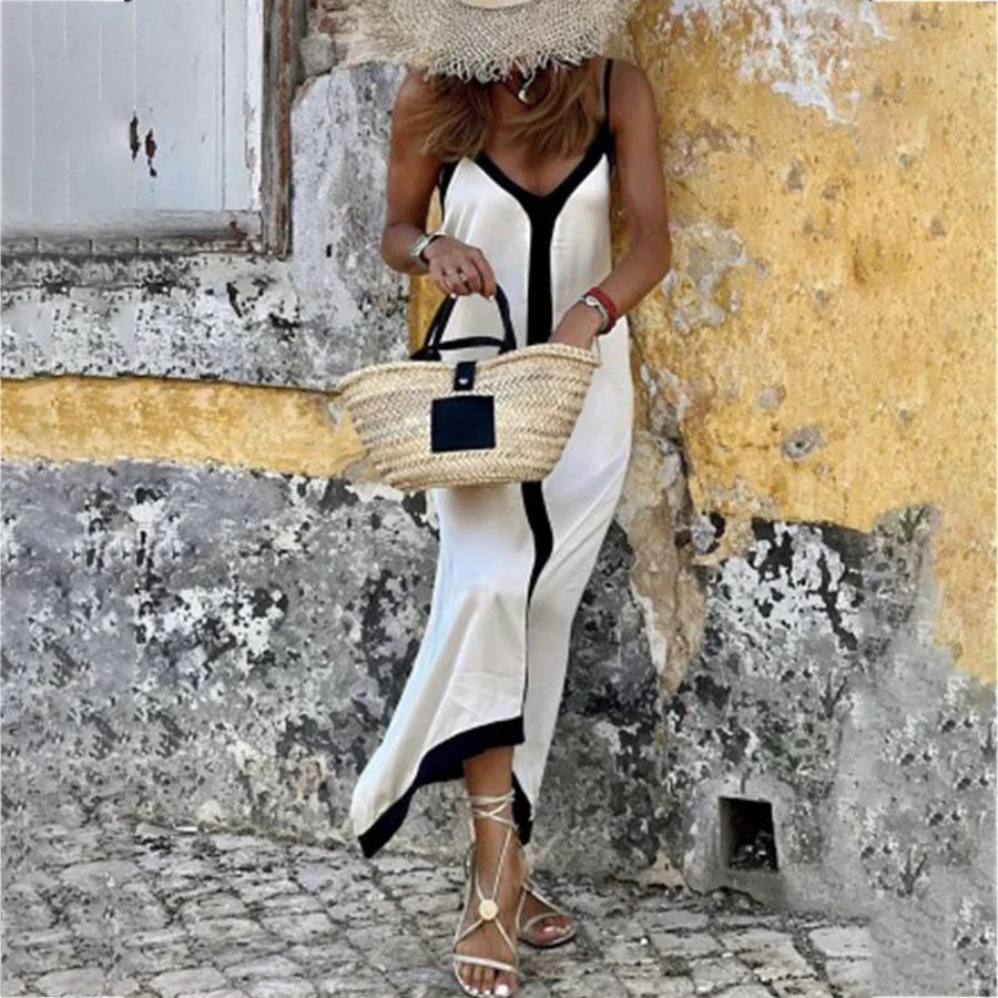 Black White V Neck Maxi Dress Solid Color Elegant Women's Swimsuits Cover Up Fashion Luxury Swimwear Bathing Suit Beachwear