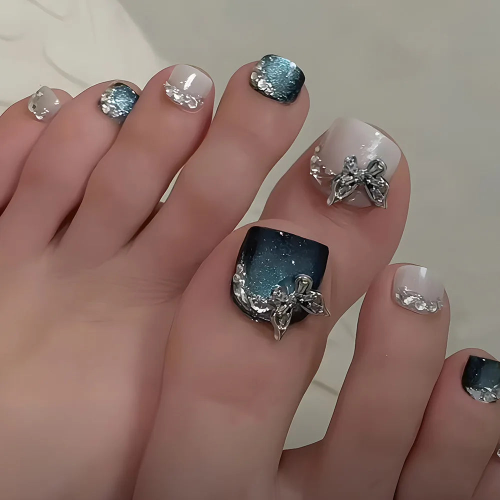 24pcs Blue Cat Eye Press on Toenails with 3d Butterfly Summer Wearable False Toe Nails Glitter Diamond Design Fake Toenails