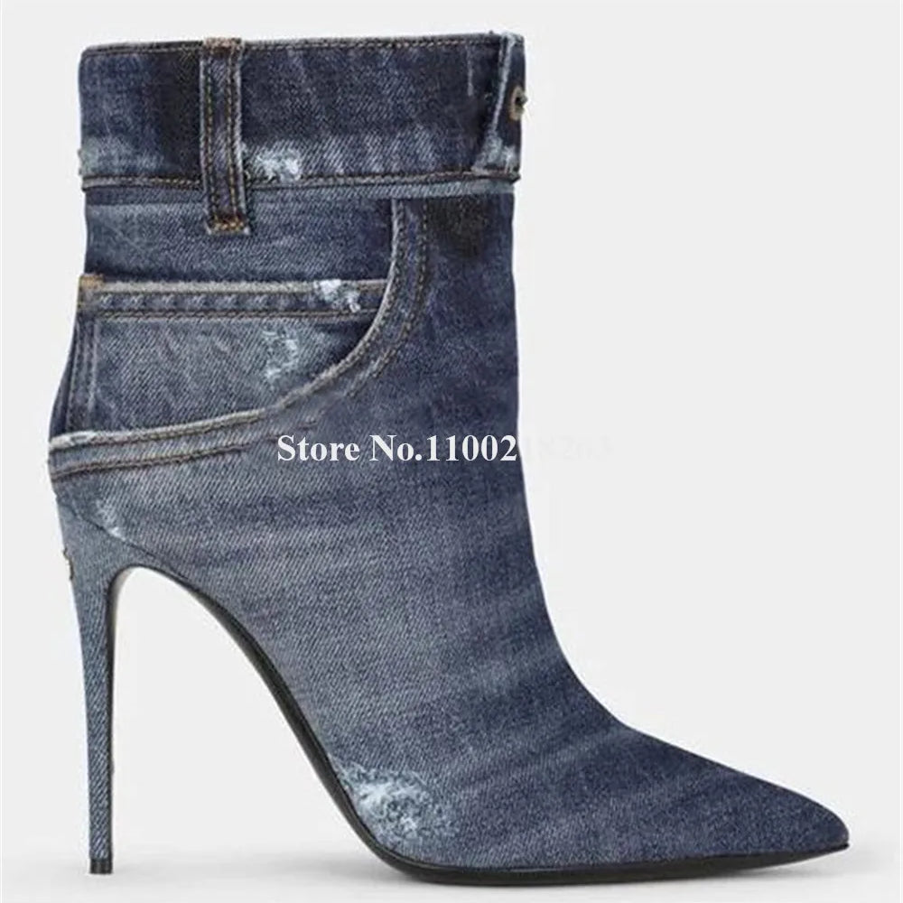 Western Fashion Blue Black Denim Short Boots Pointed Toe Sexy Slip-on Stiletto Heel Jean Ankle Booties Casual High Heels