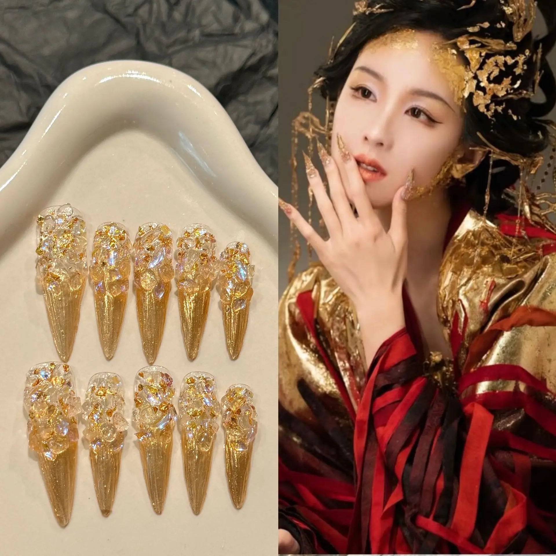 10 peças de pontas de unhas postiças super longas, leves, luxuosas, feitas à mão, com flash de diamante, unhas postiças europeias vestíveis
