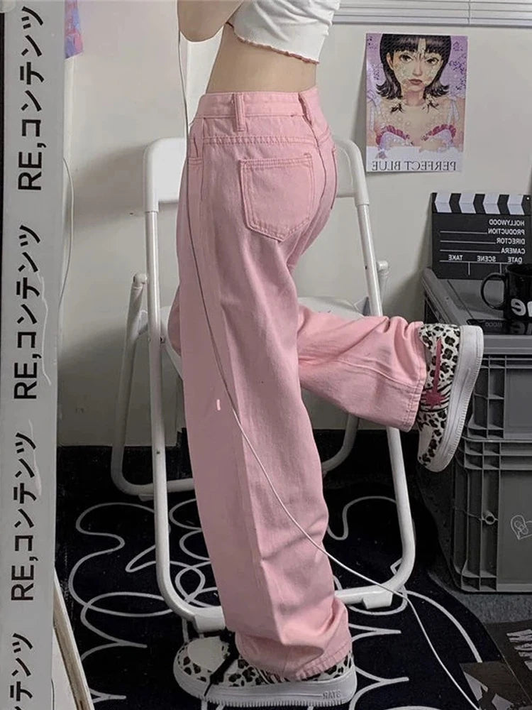 Y2K Baggy Pink Jeans Women Kawaii Korean Fashion Oversize Low Rise Wide Leg Denim Pants Streetwear Loose Trousers Alt