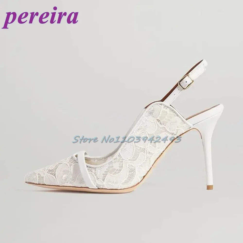 White Mesh Print Heeled Sandals Pointed Toe Strappy High Heels Women Luxury Designer Shoes Wedding Pull On Sandalias De Mujer