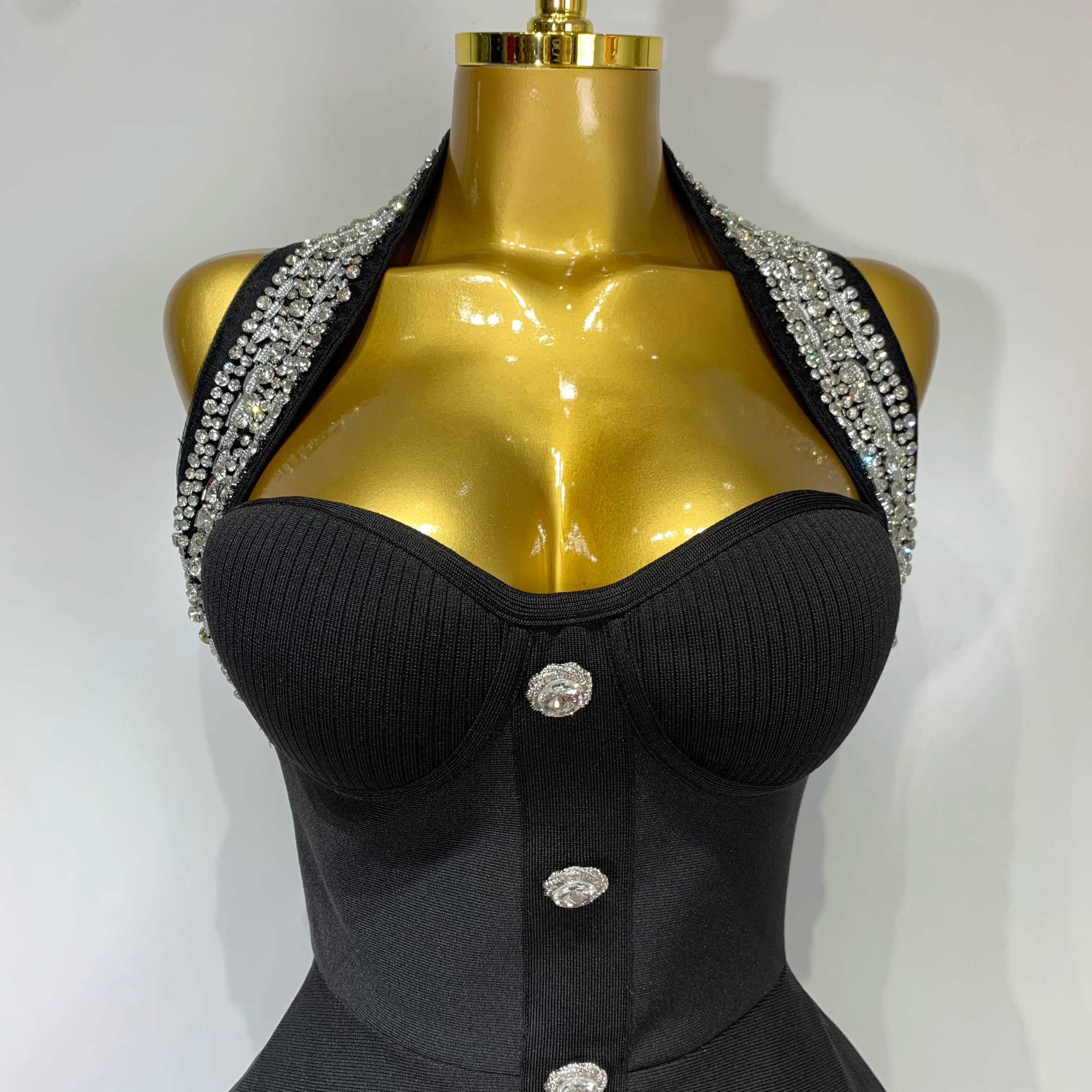 Fashion Women Luxury Party Dress Halter Sleeveless Backless Sparkly Rhinestone Bandage Dresses 2025 Elegant Evening Club Wear