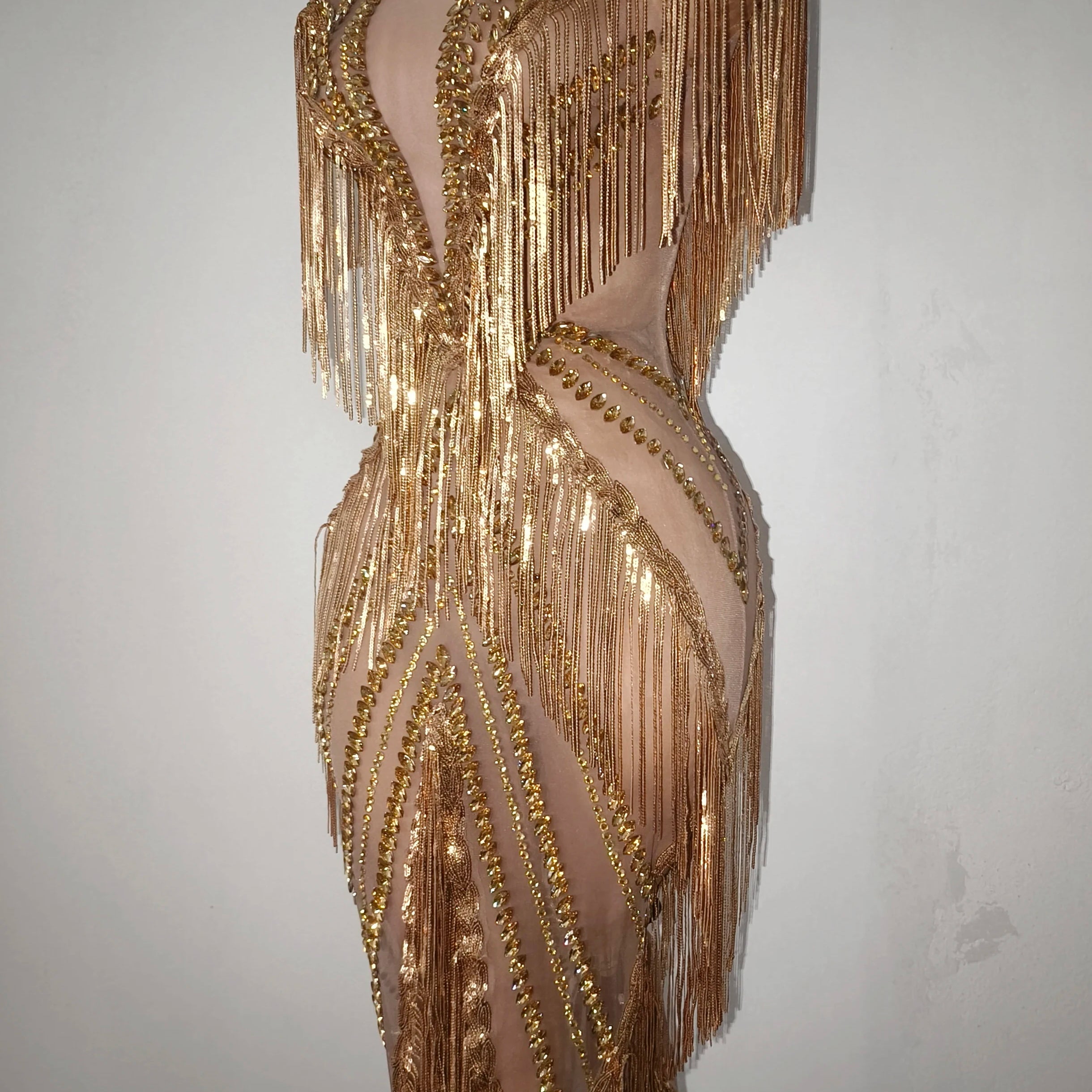 Women Sexy Mesh Crystal Tassel Fancy Maxi Dress See Through Gold Silver Party Singer Party Costume Stage Performance Dress