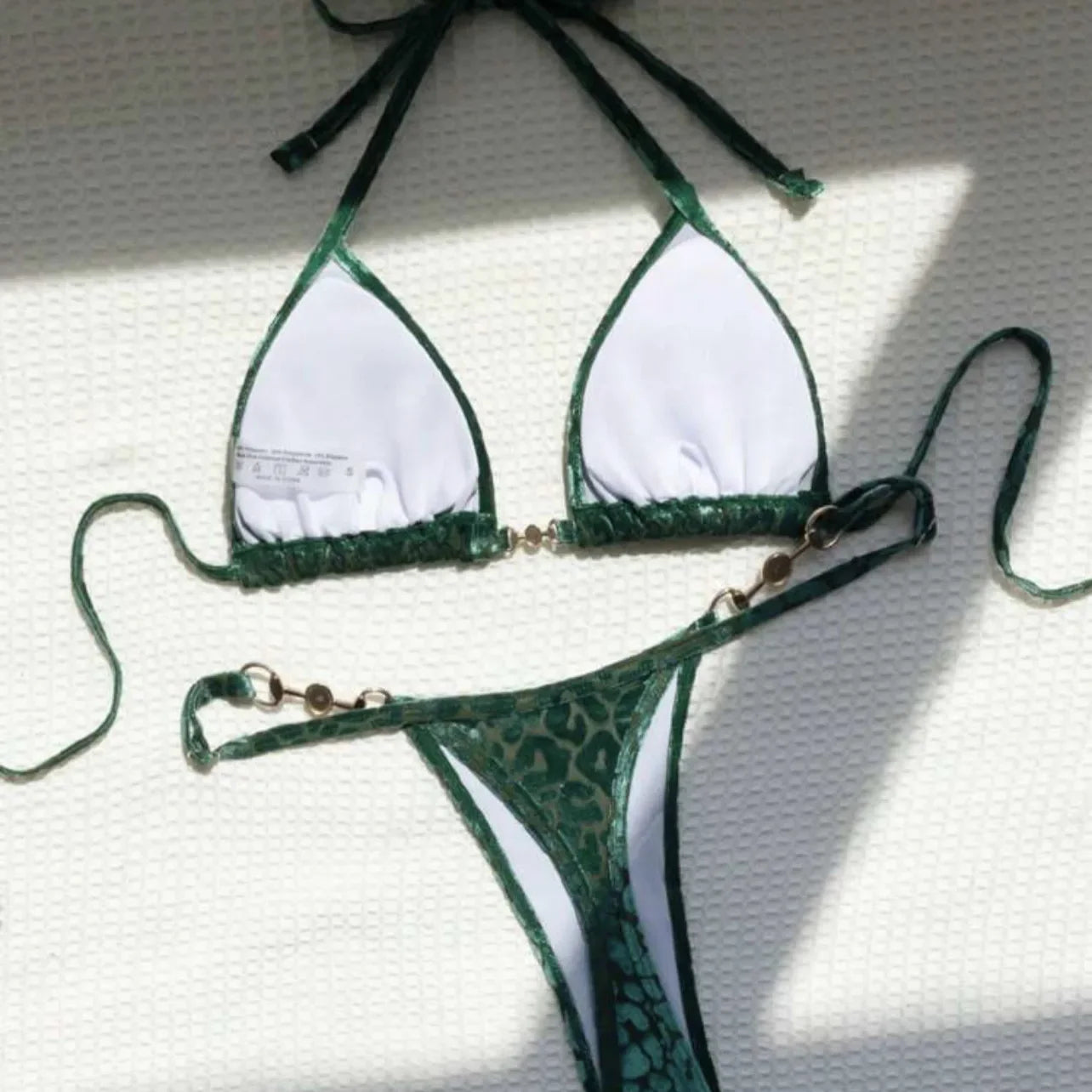 Sexy Leopard Print Glossy Bikini Women's 2-piece Thong Swimwear Suspender Lace-up Low Waist Backless Bathing Suit Beachwear