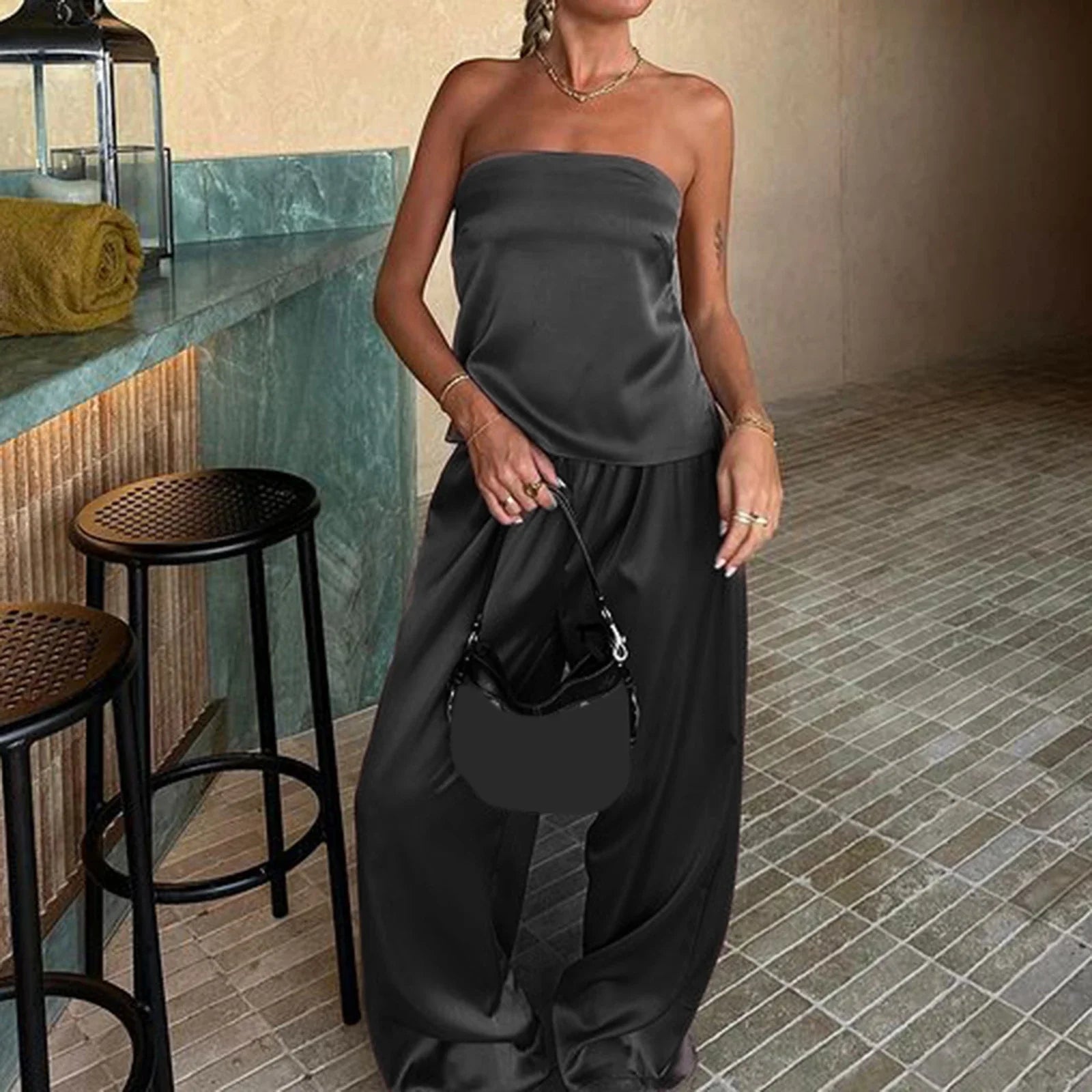 Combhasaki Women's Y2K Satin 2Piece Outfits Bandage Lace-up Backless Bandeau Tops+ Wide Leg Pants Set Streetwear Aesthetic Suits B
