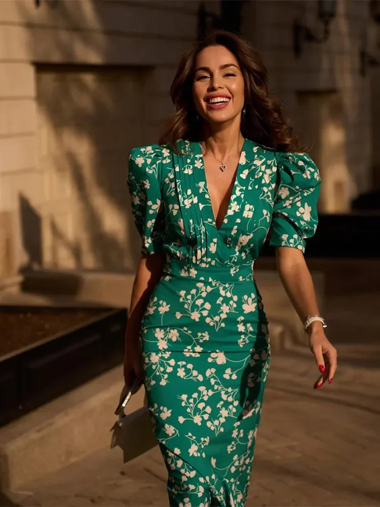 Fashion Printed V-neck Short Sleeved Long Dress Elegant High Waist Fishtail Bodycon Dress Summer Female Casual Vacation Robes Green