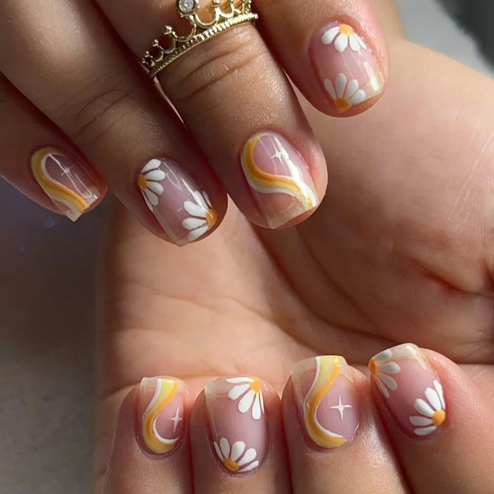 24 peças unhas curtas retrô com design de flores, arte para manicure, unhas postiças rosa, unhas postiças quadradas vestíveis, pontas de unhas com cobertura total