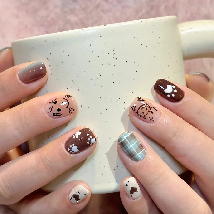24pcs/set short Medium fake nails square ballet almond nail tips pink beautiful heart for Valentine's Day press on false nails