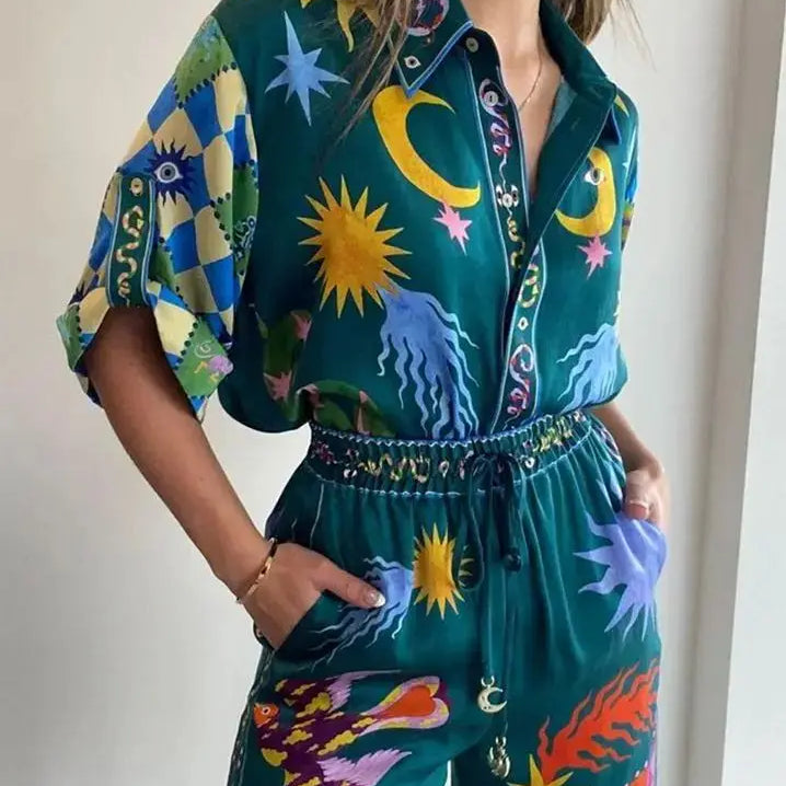 Autumn Cartoon Print Pant Suit Women Elegant Turn Down Collar Shirts + Loose Wide Leg Pants 2 Pieces Sets Women Outfits Clothing
