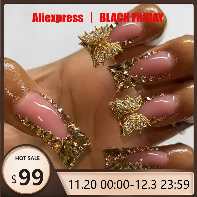 24Pcs Y2K Glamour Long Glitter Duckbill Nail Set Stunning Rhinestone Butterfly Accents Manicure for Women&Girls Party Daily Wear