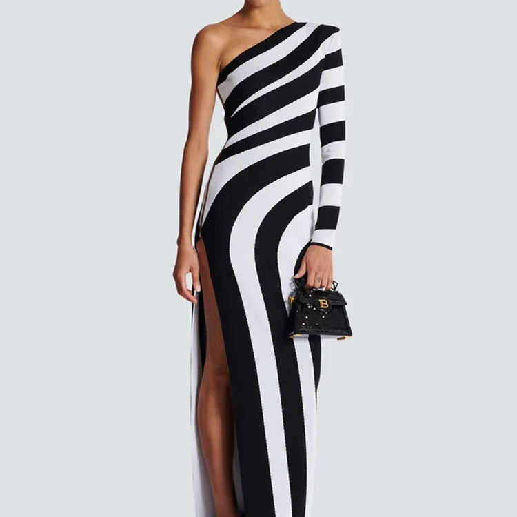 Women Celebrity Sexy One Shoulder Striped Jacquard Maxi Long Split Bodycon Bandage Dress 2024 Elegant Evening Club Party Dress