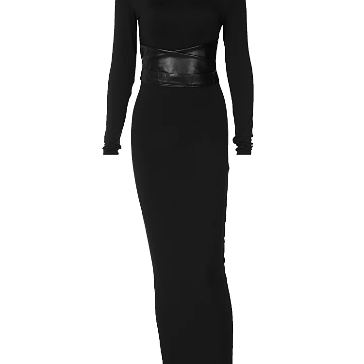 Half Turtleneck Long Sleeves Faux Fur Waistband Autumn Winter For Women Maxi Dress Elegant Sexy Bodycon Party Club