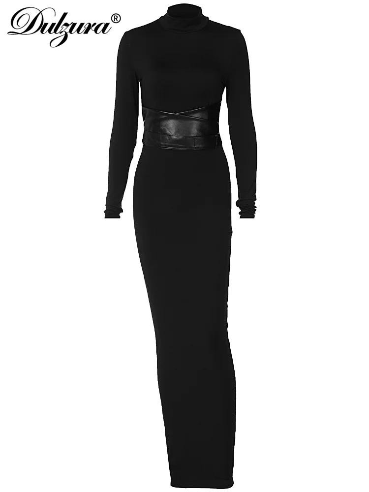 Half Turtleneck Long Sleeves Faux Fur Waistband Autumn Winter For Women Maxi Dress Elegant Sexy Bodycon Party Club