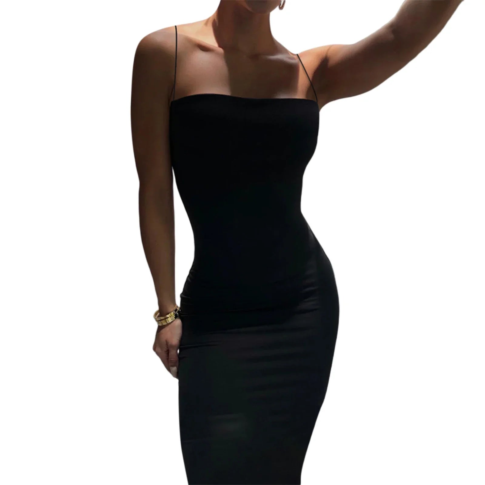 Women Casual Summer Spaghetti Strap Bodycon Dress Fashion Solid Color Sleeveless Backless Slim Fit Sling Long Dress Black