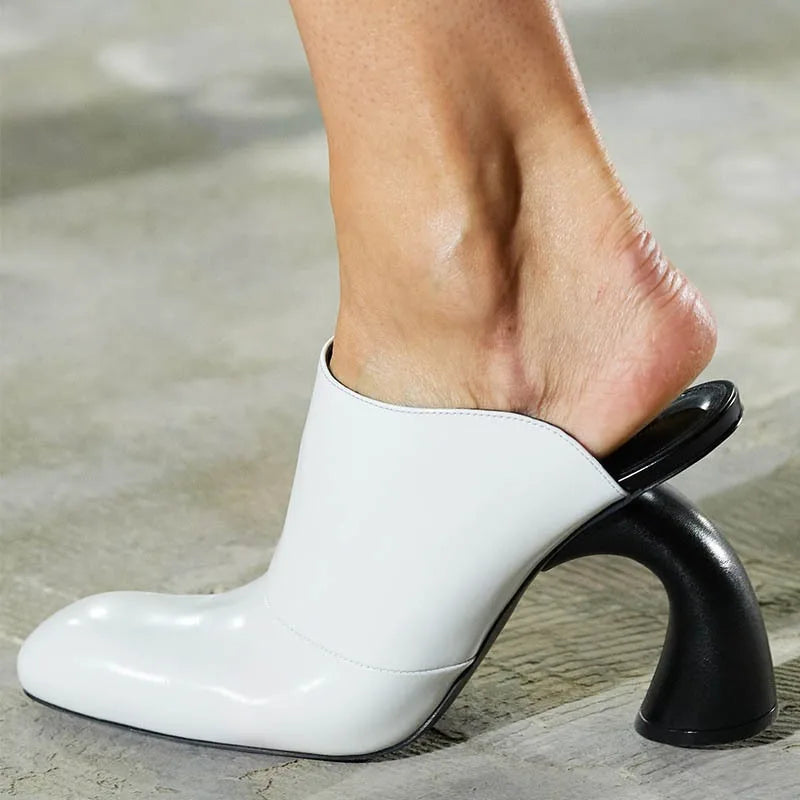 Black White Mule Heels Open Toe Strange Style Heeled Sandals Women Fashion Shoes High Heel Slides Slip On Mules Summer Footwear