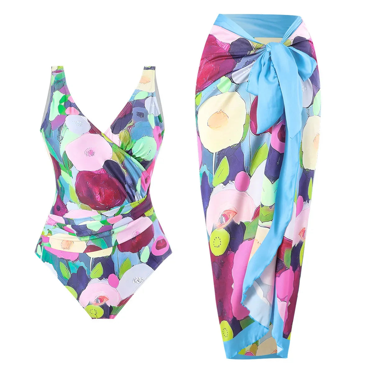 Elegant Blue Leaf Printed One Piece Swimsuit Woman Fashion High Waisted Hanging Neck Swimwear French Covered Belly Bikini E-Suit