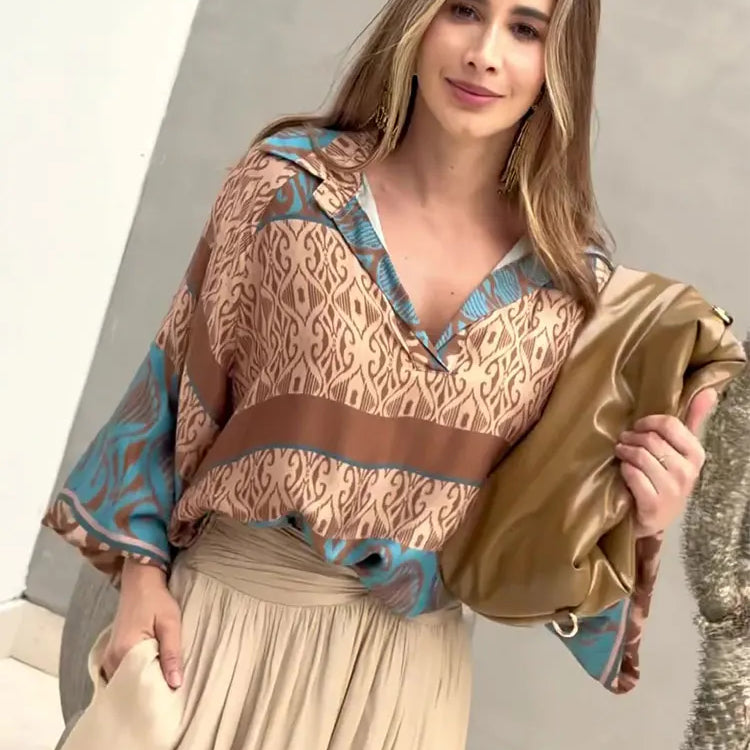 Women Loose High Waist Pant Print V Neck Long Sleeves Top 2 Pieces Sets Spring Summer Casual Street Female Outfits NEW