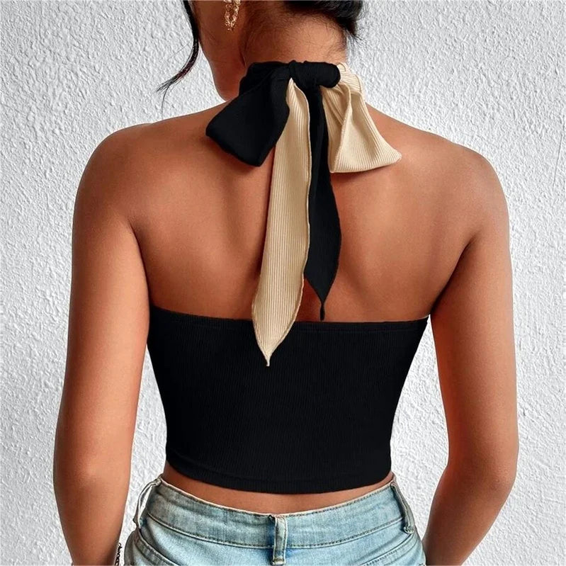 Women Summer Tank Tops Sexy Patchwork Cross Halter Neck Straps Hollow Crop Tops High Street Wear New Fashion
