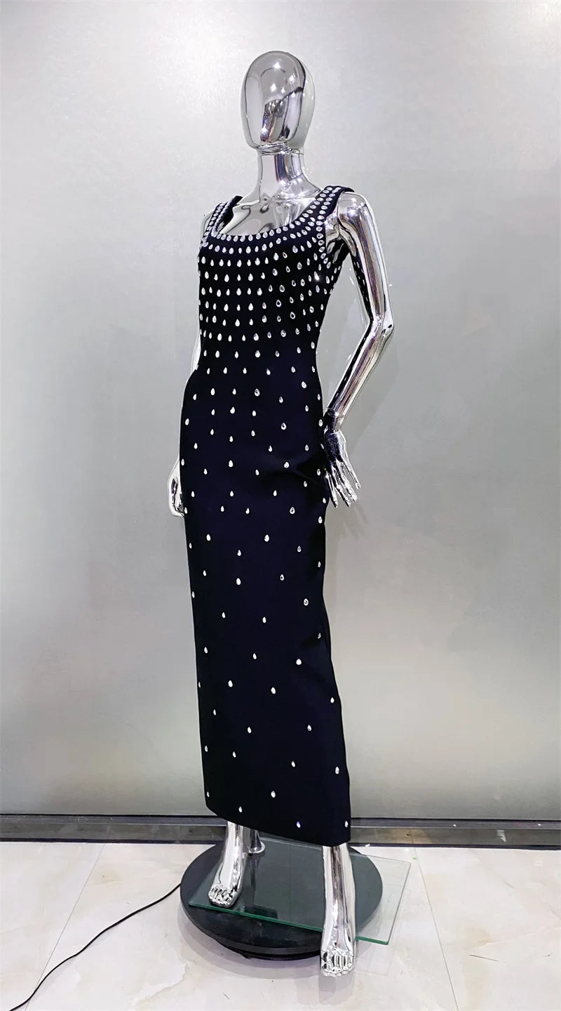Top Quality Women Sleeveless Sexy O-Neck Shinning Crystal Bodycon Bandage Long Dress Evening Party Celebrate Cocktail Outfit