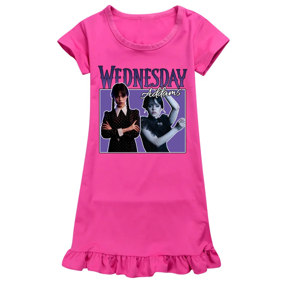 Summer Fashion Wednesday Addams Costume Kids Casual Dress Toddler Girls Short Sleeve Dresses Children A-line Party Sundress