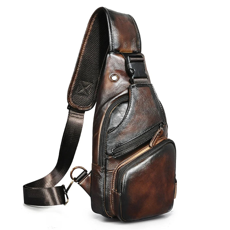 Men Original Crazy horse Leather Casual Triangle Crossbody Chest Sling Bag Design Travel One Shoulder Bag Daypack Male 8015 coffee