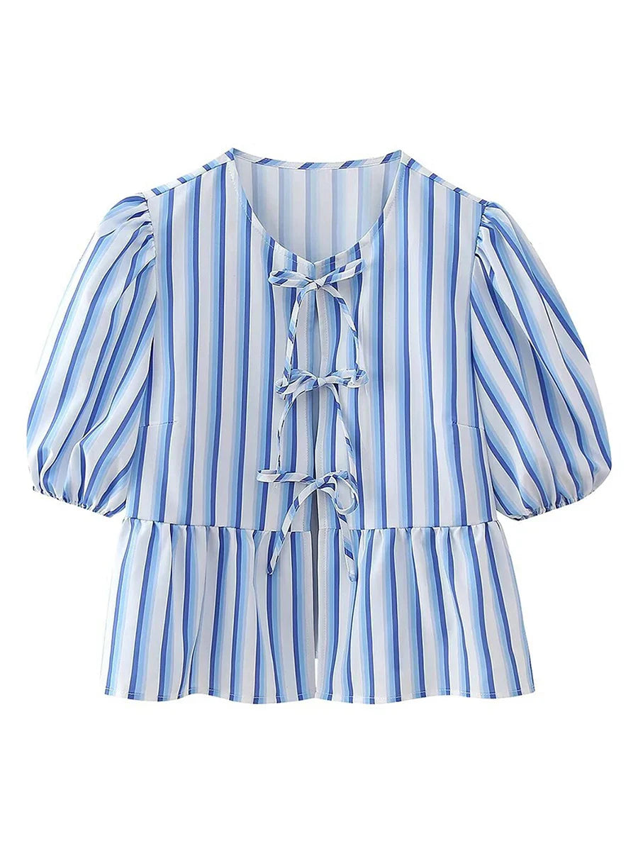 wsevypo Chic Summer Babydoll Shirts Solid/Stripe Short Women's Puff Sleeve Round Neck Tie-Up Front Peplum Blouses Top for Street L